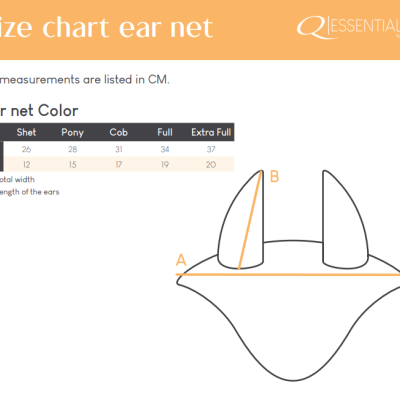 Gráfico de tamanhos para redes de orelha Q ESSENTIALS com medidas em cm e categorias de cores.
