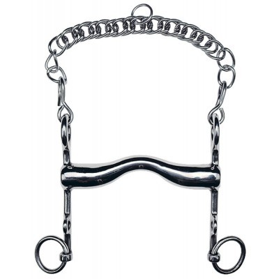 Peça metálica para equitação com aros, hastes verticais e corrente superior prateada
