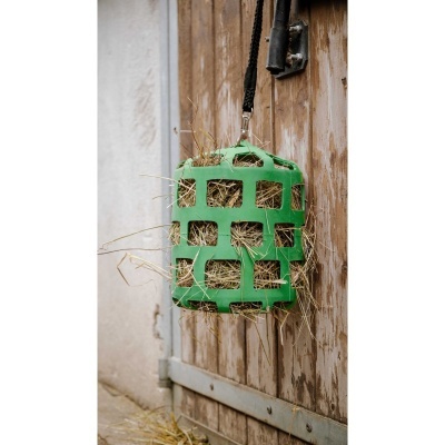 Comedouro verde de plástico para feno pendurado em porta de madeira