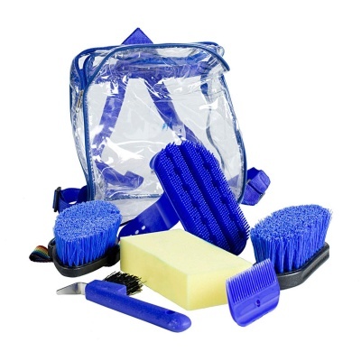 Conjunto de escovas e esponja azul e amarela com mochila transparente