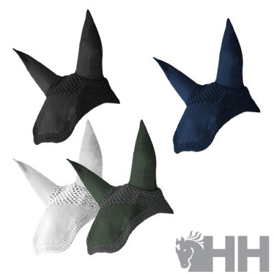 quatro toucas para cavalo coloridas com malha e bordas decorativas e logótipo HH