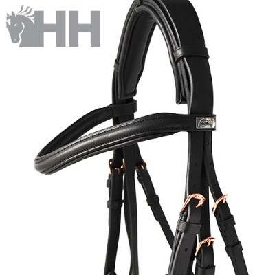 Freio de cavalo preto com couro e metal prateado