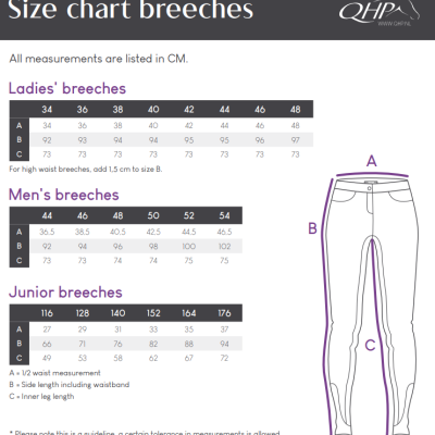 Gráfico de tamanhos para calças de equitação QHP com tabela de medidas e desenho explicativo
