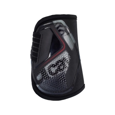 Proteção para perna preta com parte frontal transparente e velcro.