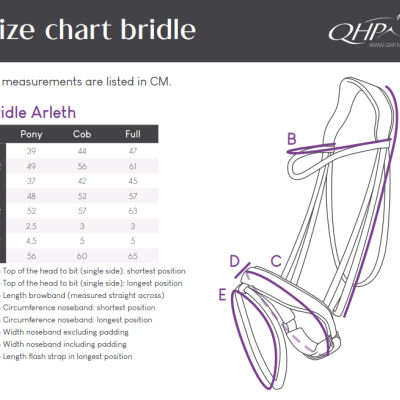 Tabela de tamanhos para brida Arleth e desenho técnico com indicações de medidas para 3 tamanhos