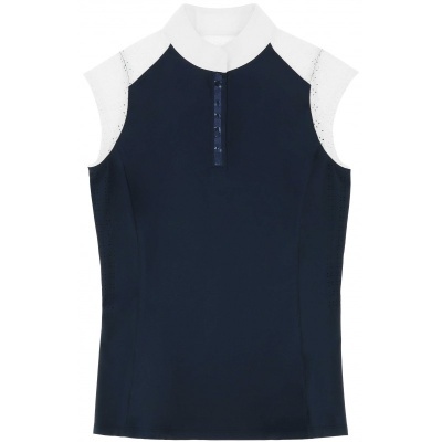 Camisola desportiva sem mangas azul escuro e branca com gola alta