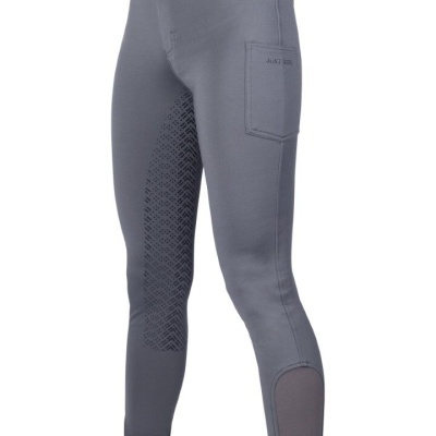 Calças justas cinzentas com bolso lateral e padrão texturizado nas coxas