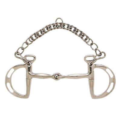 Bocado metálico prateado para cavalo com corrente na parte superior