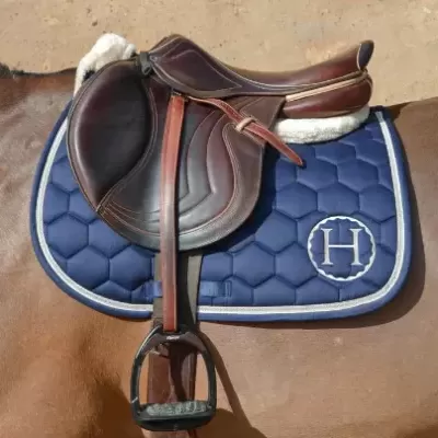 Sela de montaria em couro castanho escuro sobre mantilha azul com letra H bordada