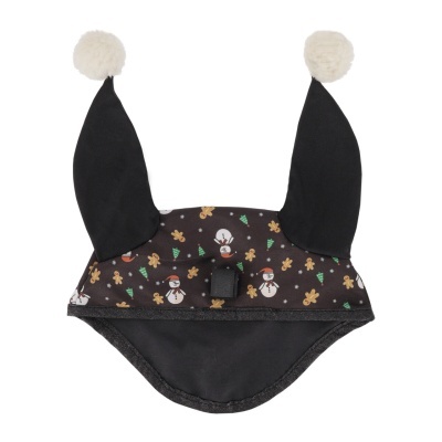 Gorro natalício com padrão de bonecos de neve, árvores de Natal e biscoitos, orelhas negras e pompons brancos.