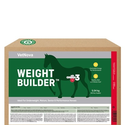 Embalagem de suplemento para cavalos VetNova WEIGHT BUILDER com rótulo verde e marrom