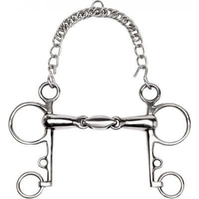 Freio de cavalo de metal prateado com argolas e corrente