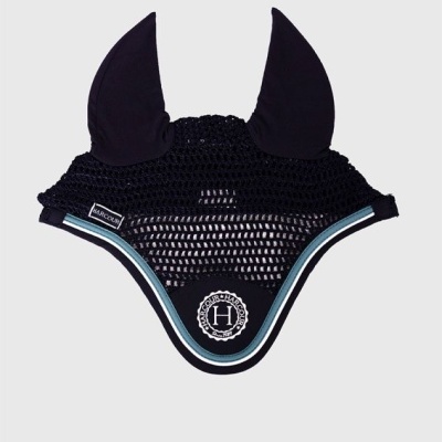 Touca preta para cavalo em malha com orelhas e detalhes em azul e branco