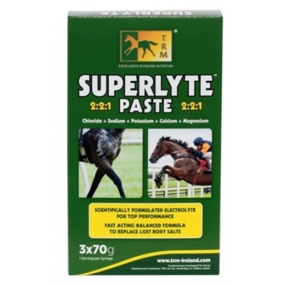 Embalagem verde de produto para cavalos SUPERLYTE PASTE com fotos e texto em inglês