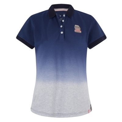 Polo feminino azul degradê com gola e punhos pretos e bordado de vela