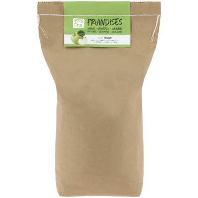 Pacote de papel castanho com etiqueta verde de snacks sabor maçã Hippo Tonic
