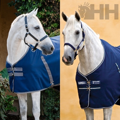 Cavalo branco usando manta azul escura com etiquetas RAMBO e RUGGABLE em dois fundos diferentes