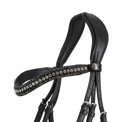 Bridão preto de pele para cavalo com cristais e glitter preto