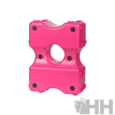 Suporte plástico cor-de-rosa com orifício circular central e apoios pretos