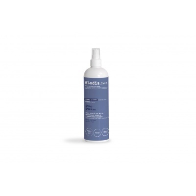 Frasco branco com pulverizador e rótulo azul ALodis.Care stop stress