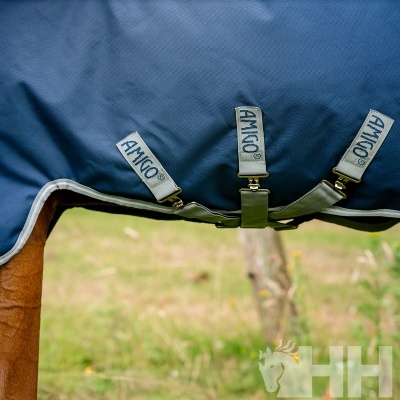 Cobertor azul de cavalo com fivelas cinza e etiquetas AMIGO.