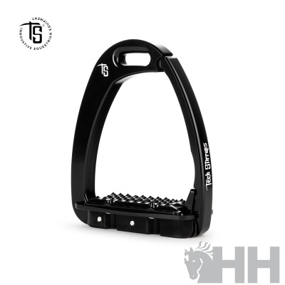 Estribo para equitação preto com logo TS e texto Tech Stirrups