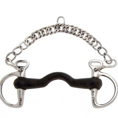 Freio de cavalo com bocal preto em borracha e estrutura metálica prateada com corrente