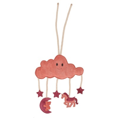 Móbile decorativo em tecido de nuvem cor de rosa com penduricalhos em forma de estrela, cavalo e lua com esquilo.