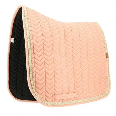 Material acolchoado para sela de cavalo rosa claro e preto com borda dourada.
