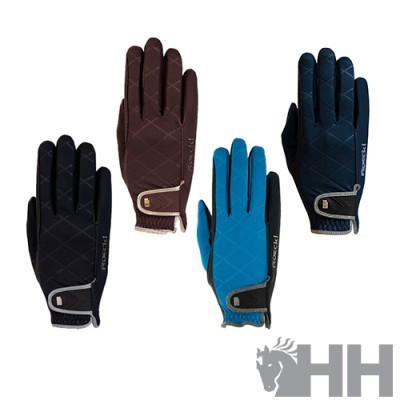 Quatro pares de luvas Roeckl em azul, castanho e preto, com fecho e padrão de linhas, logo Roeckl e HH visíveis.