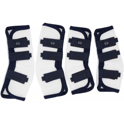 Conjunto de quatro protetores brancos com tiras de velcro pretas e bordas azuis escuras