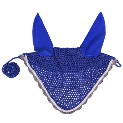 Pala de tecido azul royal com orelhas triangulares azuis e base de crochê azul com bordas cinzentas