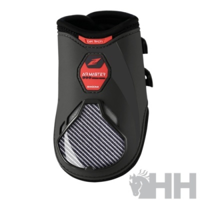 Protetor de casco para cavalo preto com detalhes vermelhos e cinza padrão fibra de carbono