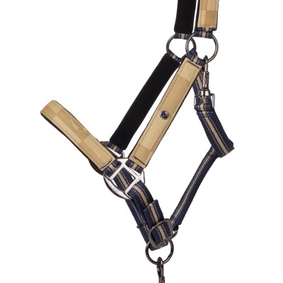 Cabresto de nylon bege e azul para cavalo com fivelas metálicas