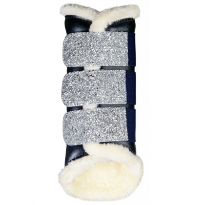 Protetor de equitação azul escuro com tiras prateadas brilhantes e interior de pelo branco