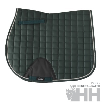 Tapete de sela verde acolchoado para cavalo com detalhes pretos e bordas cinzentas