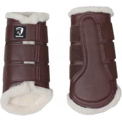 Proteções de cavalo castanhas em pele com interior em pêlo branco e tiras de velcro