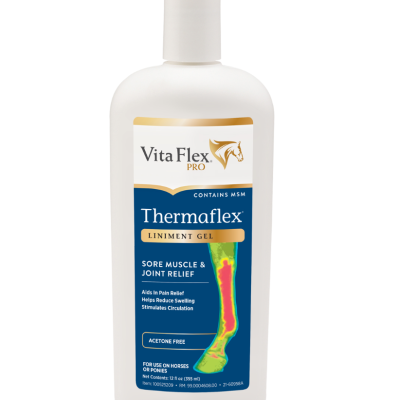 Frasco branco de gel Thermaflex para alívio de dores musculares e articulares em cavalos