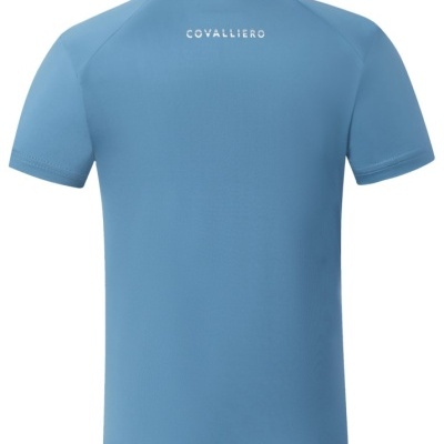 Polo azul claro de manga curta com colarinho e texto COVALLIERO nas costas