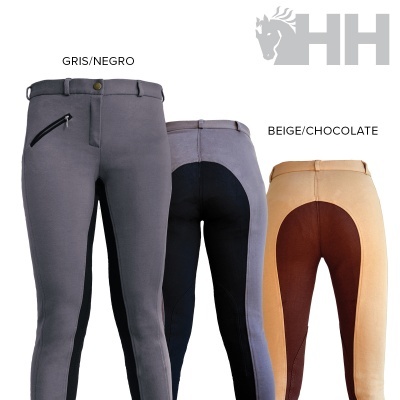 Duas calças de equitação, cinzento/preto e bege/chocolate, com bolsos e reforços, texto 'GRIS/NEGRO' e 'BEIGE/CHOCOLATE'.