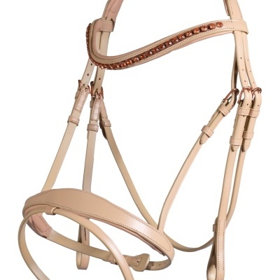 Cabeçada de equitação em couro bege com pedras douradas