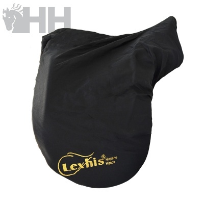 Capa protetora preta para sela com logo amarelo Lexhis Hispano Hípica