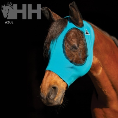 Máscara azul para cavalo cobrindo olhos e orelhas