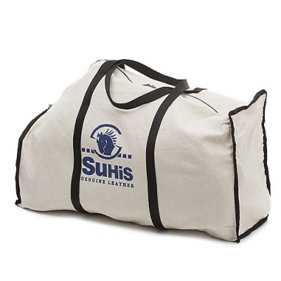 Mala de viagem de lona bege com logo SuHiS GENUINE LEATHER