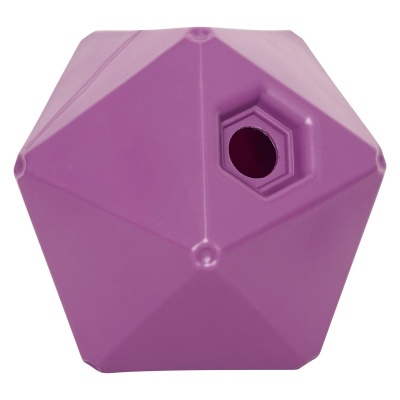 Objeto plástico roxo poliédrico com abertura hexagonal