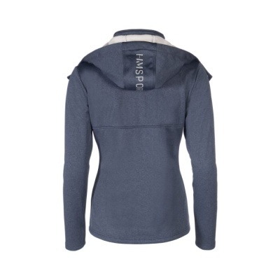 Casaco desportivo azul escuro com capuz cinzento claro e texto HMSPORT