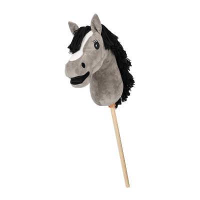 Cavalo de brincar em peluche cinzento com crina preta e pau de madeira
