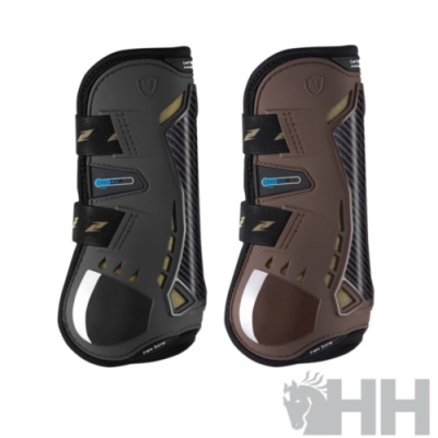 Proteções para pernas de cavalo em preto e castanho com fechos de velcro e detalhes azuis.