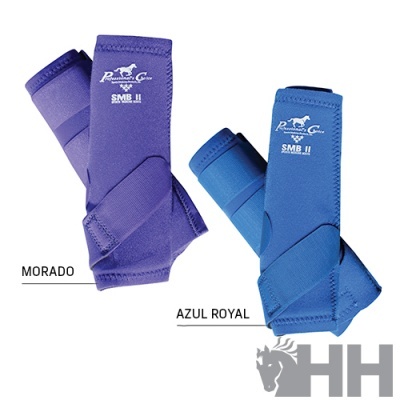 Protetores para pernas de cavalo em tecido roxo e azul royal com fechos de velcro e texto branco