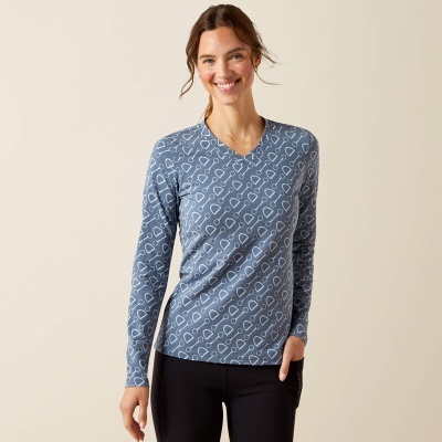 Camisola azul com padrão branco de cadeados e decote em V